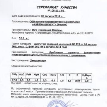 Shungit Certifikat