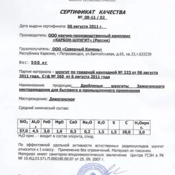 Shungit Certifikat
