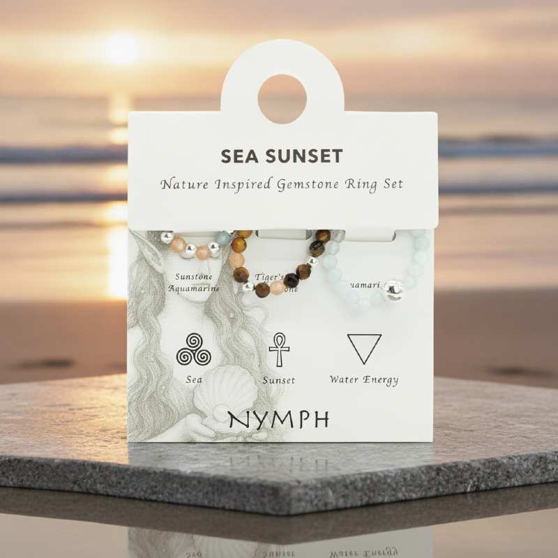 Nymph Sea Sunset ringsæt med akvamarin, tigerøje og solsten